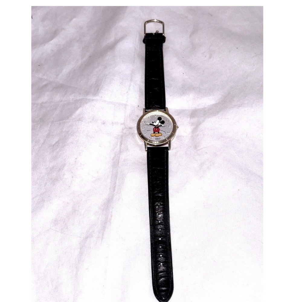 Lorus Mickey Mouse Quartz Watch (Gold Tone) Black Leather Strap